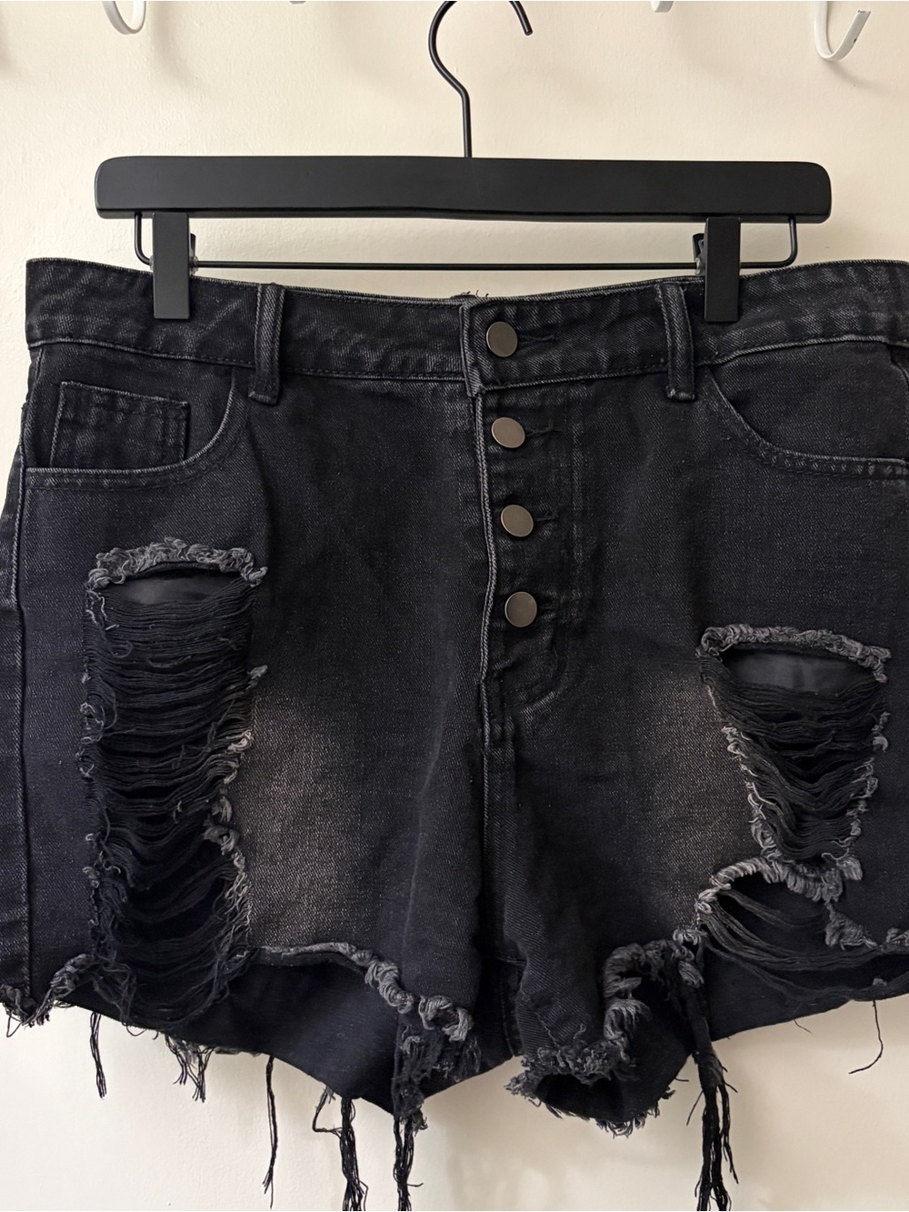 SHEIN Black Distressed Button-Fly Denim Shorts